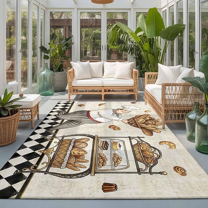 Area Rug 3x5ft, Farmhouse Kitchen Baker Bread Washable Rugs for Living Room Bedroom, Vintage Black Plaid Soft Non-Slip Area Rugs Rectangle Floor Carpet for Dining Room