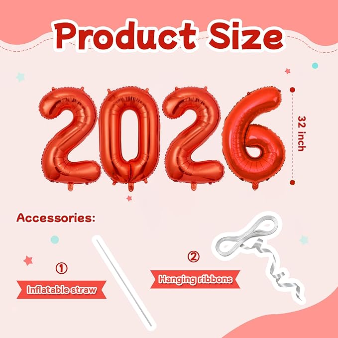 Red 2026 Balloons, Large 32 Inch Foil 2026 Number Balloons, Grad Balloons for Class of 2026 Graduation Party, Red Matellic Foil New Year Birthday Home Office Party Supplies
