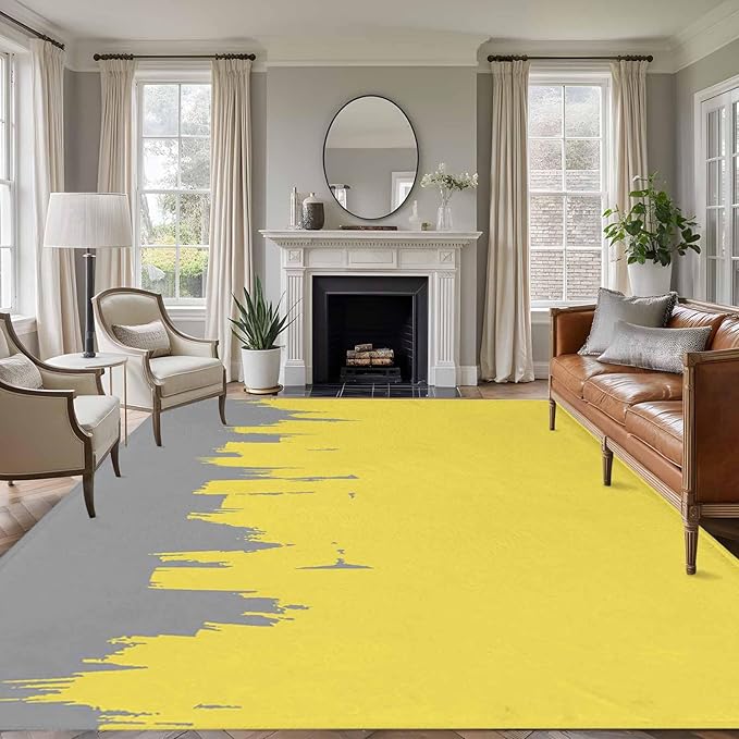 Area Rug 9x12ft, Abstract Yellow Grey Graffiti Washable Rugs for Living Room Bedroom Rectangle Floor Carpet, Oil Painting Artwork Soft Non-Slip Area Rugs for Dining Room