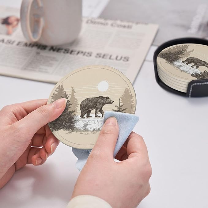Famame 6 Pcs Vintage Bear in Stone Leather Coasters for Drinks with Holder Coaster Sets Drink Table Cup Coasters for Living Room Kitchen Coffee Decor