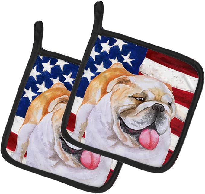 Caroline's Treasures BB9639PTHD English Bulldog Patriotic Pair of Pot Holders Kitchen Heat Resistant Pot Holders Sets Oven Hot Pads for Cooking Baking BBQ, 7 1/2 x 7 1/2