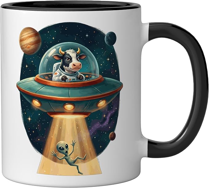 Funny Cow Astronaut UFO Abducting Alien Space Graphic Ceramic Mug, Black/White