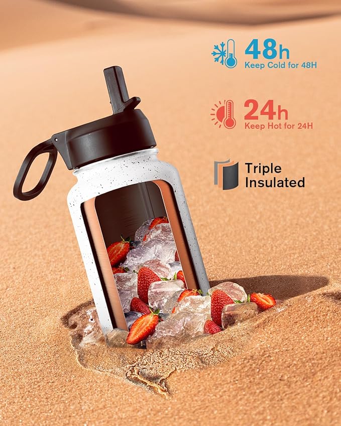 Coolflask Water Bottle 40 oz Insulated with Straw, Stainless Steel Metal 3 Lids Water Flask for Sports or Office, Keep Cold 48H Hot 24H, Arctic White
