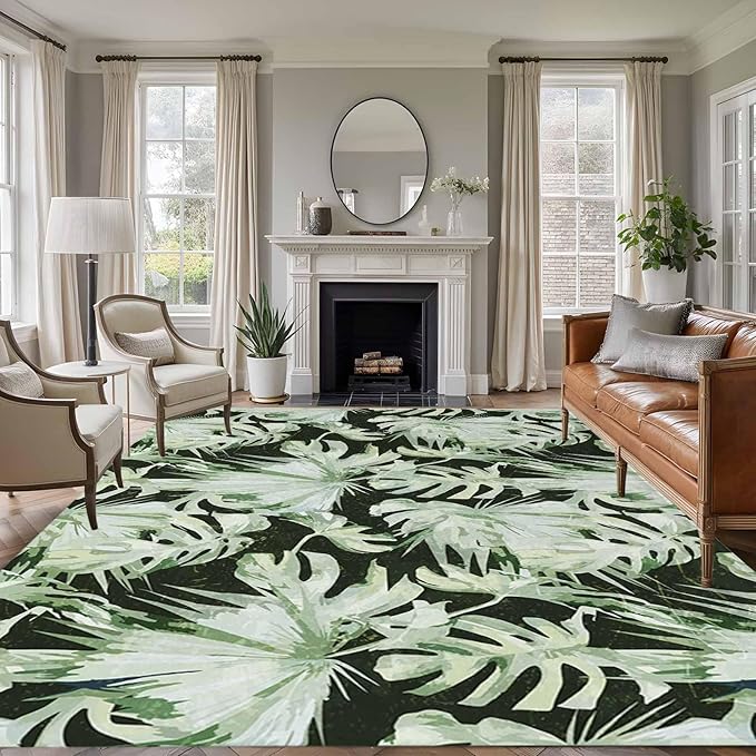 Area Rug 8x10ft, Abstract Dark Green Palm Leaves Washable Rugs for Living Room Bedroom, Watercolor Plants Soft Non-Slip Area Rugs Rectangle Floor Carpet for Dining Room