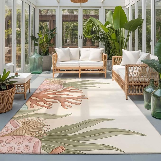 Area Rug 3x5ft, Ocean Coral Seaweed Shell Reef Washable Rugs for Living Room Bedroom, Watercolor Marine Theme Soft Non-Slip Area Rugs Rectangle Floor Carpet for Dining Room
