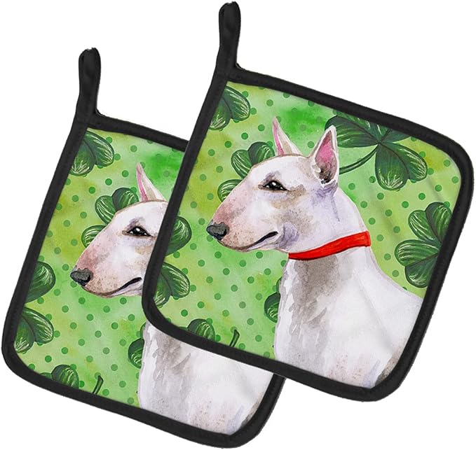 Caroline's Treasures BB9867PTHD Bull Terrier St Patrick's Pair of Pot Holders, Green Kitchen Heat Resistant Pot Holders Sets Oven Hot Pads for Cooking Baking BBQ, 7 1/2 x 7 1/2