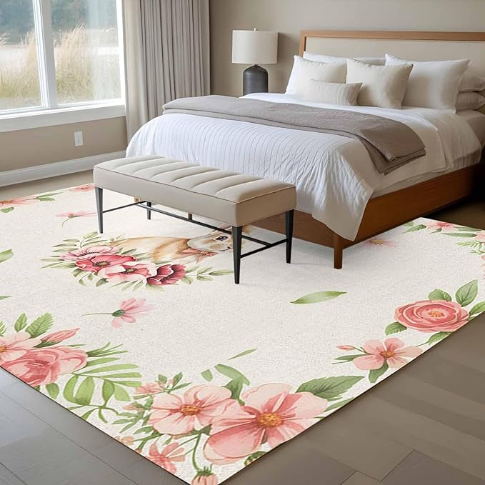 Area Rug 6x9ft, Retro Easter Rabbit on Linen Washable Rugs for Living Room Bedroom, Spring Pastoral Pink Flower Leaf Soft Non-Slip Area Rugs Rectangle Floor Carpet for Dining Room