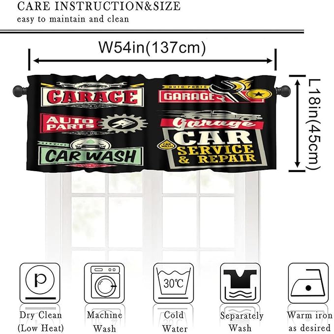Car Repair Shop Logos Valance Curtain - Labels, Signs, Emblems, Stickers Collection for Garage, Service, Auto Parts, Wash - Short Curtains Valances for Home Decor With Rod Pocket