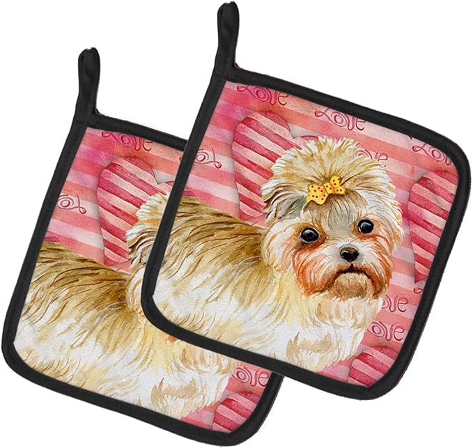 Caroline's Treasures BB9755PTHD Morkie Love Pair of Pot Holders, Red Kitchen Heat Resistant Pot Holders Sets Oven Hot Pads for Cooking Baking BBQ, 7 1/2 x 7 1/2