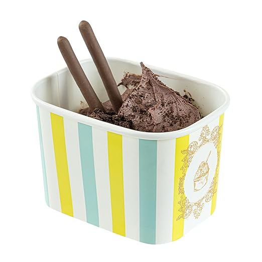 Restaurantware Paper Cups 200 Count 12 Ounce Square Disposable Ice Cream Containers, Leak-Resistant Paper Dessert To Go Cups, Hot And Cold Food, Durable Blue And Green Stripe Design