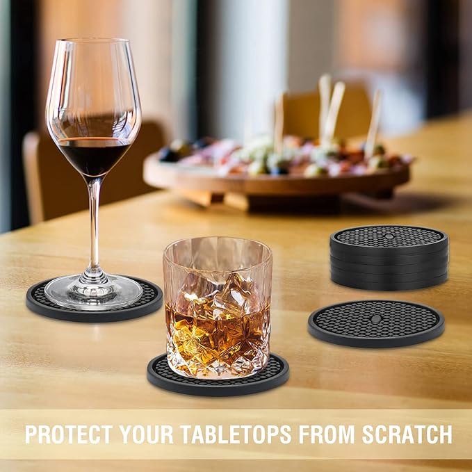 Silicone Coasters for Drinks, Non‑Slip Spill‑Proof Heat Resistant Coasters Set of 4, Reusable Washable Table Protection for Home Decor Kitchen Office, Bar(4Pack,Black)
