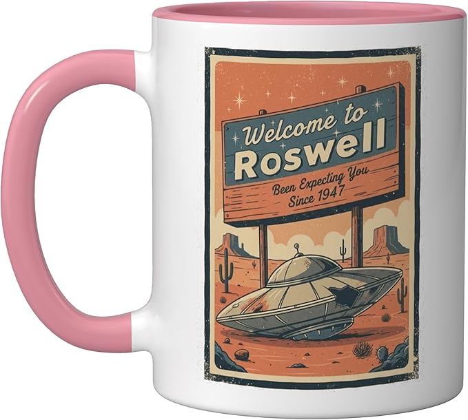 Roswell UFO Retro Tourism Souvenir Flying Saucer Crash Alien Ceramic Mug, Pink/White