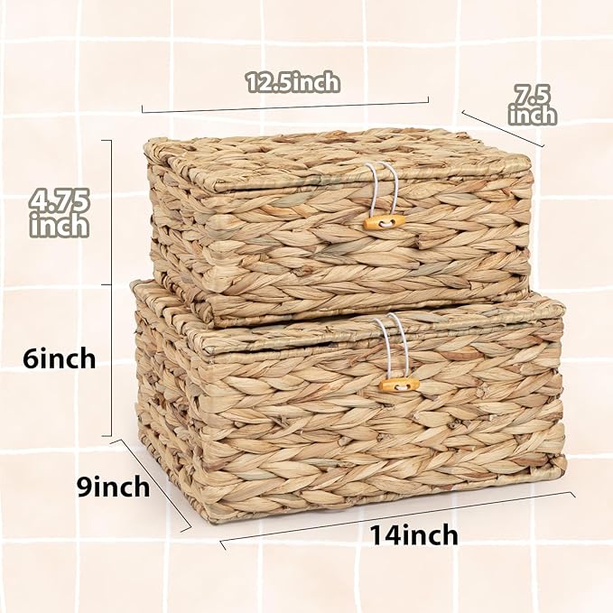 Handwoven Wicker Baskets Decorative Storage Boxes with Lids Set of 2, Natural Water Hyacinth, Nesting Organizer Boxes for Closet, Shelf, Home Decor