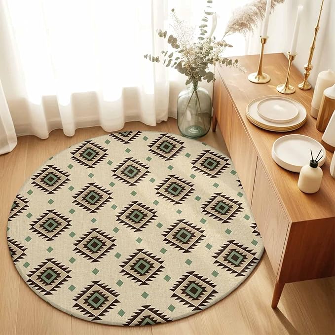 Washable Round Area Rug Boho Tribal Diamond Pattern Circle Rugs Floor Carpet for Living Room Bedroom, Ethnic Style Art Soft Non Slip Round Rug 3ft