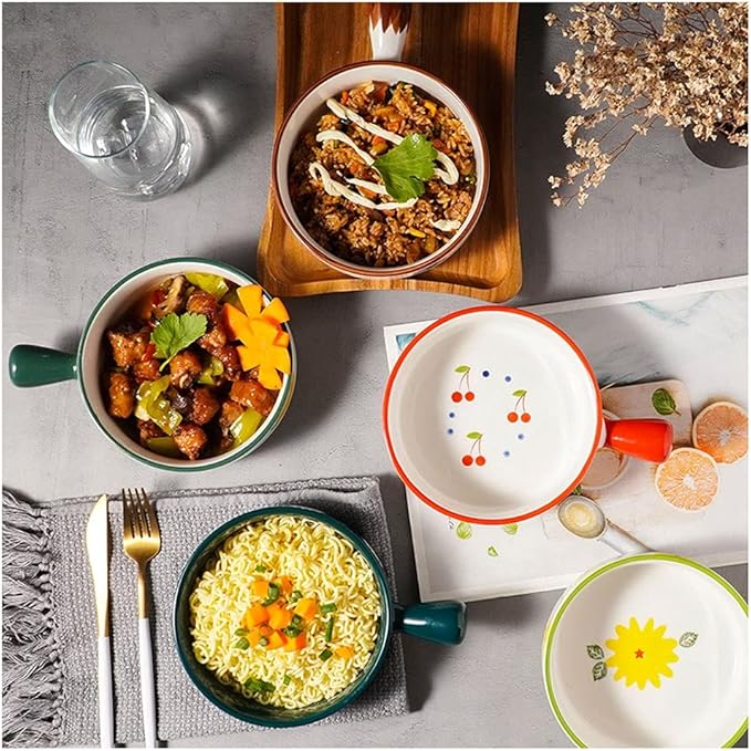 Dishes Ceramic Handle Bowl Fruit Salad Breakfast Bowl Instant Noodle Dishes Creative Cute Baking Household Kitchen Tableware (Color : H) (C)