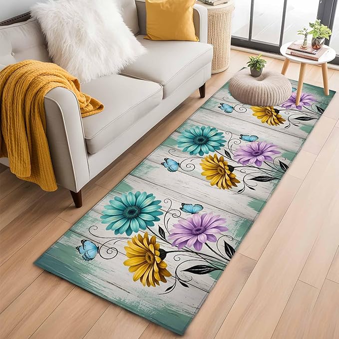 Runner Rug for Bedroom Hallway, Farm Flower Daisy Retro Wood Barn Kitchen Runner Rugs Area Rug 2x6ft, Blossom Flower Butterfly Washable Soft Floor Carpet for Entryway Stair