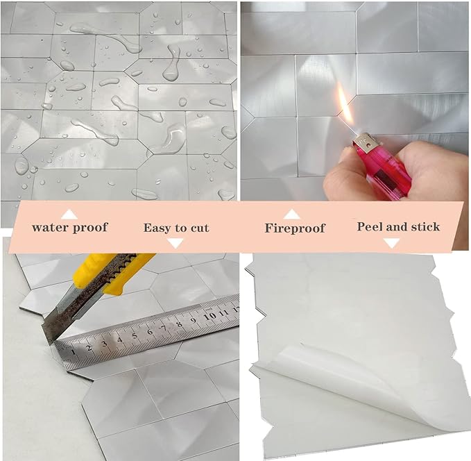 XUANINY 5-Sheet Peel and Stick Metal Backsplash Tiles, Self Adhesive Multiple-Shapes Aluminum Mosaic 3D Wall Sticker for Kitchen Bathroom Decor (5, Silver)