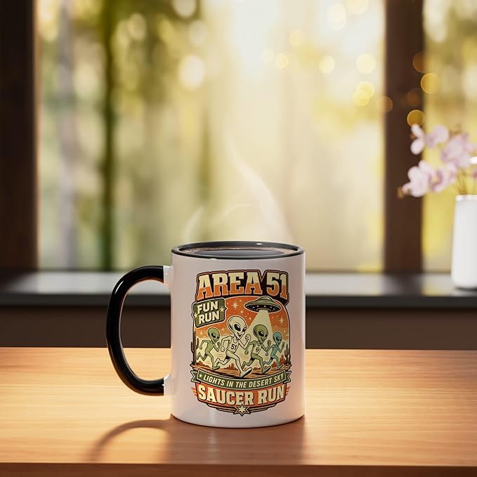 Area 51 Fun Run Saucer Run Alien Ceramic Mug, Black/White
