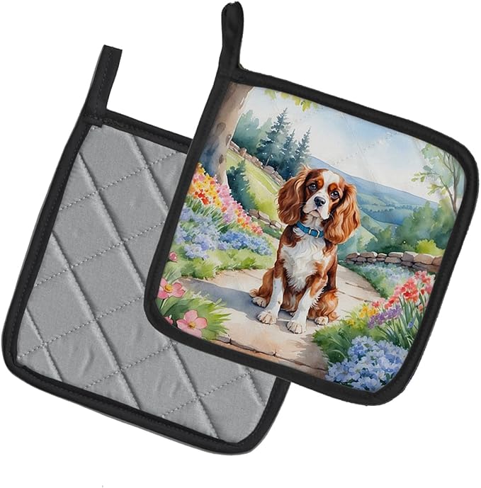 Caroline's Treasures Cavalier Spaniel Spring Path Pair of Pot Holders Kitchen Heat Resistant Pot Holders Sets Oven Hot Pads for Cooking Baking BBQ, 7 1/2 x 7 1/2