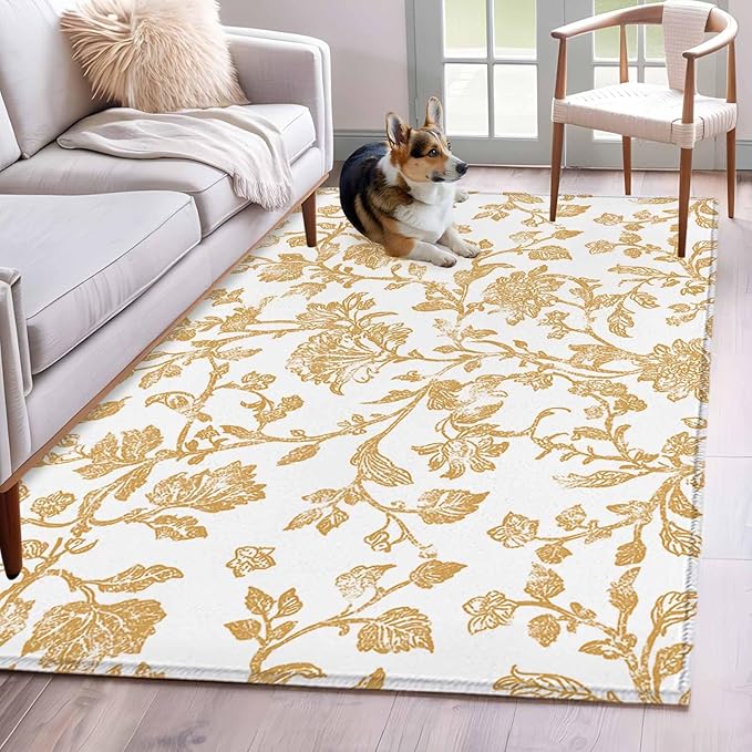 Area Rug 4x6ft, Vintage Farmhouse Flowers Pattern Washable Rugs for Living Room Bedroom, Yellow Floral Art Soft Non-Slip Area Rugs Rectangle Floor Carpet for Dining Room