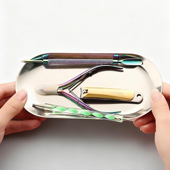 SUTOKAKA Decorative Serving Tray, Manicure Tools Storage Dish, Perfume Jewelry Dinner Placing Plate for Bedroom Kitchen Salon Supplies (Stainless Steel - 2PC, 7.09 * 3.35 * 0.39 Inch)
