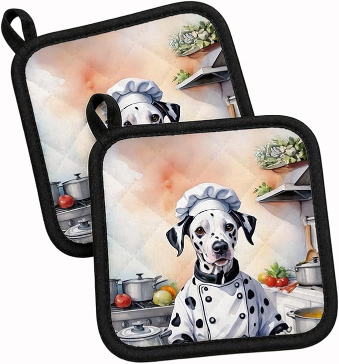 Caroline's Treasures Dalmatian The Chef Pair of Pot Holders Kitchen Heat Resistant Pot Holders Sets Oven Hot Pads for Cooking Baking BBQ, 7 1/2 x 7 1/2