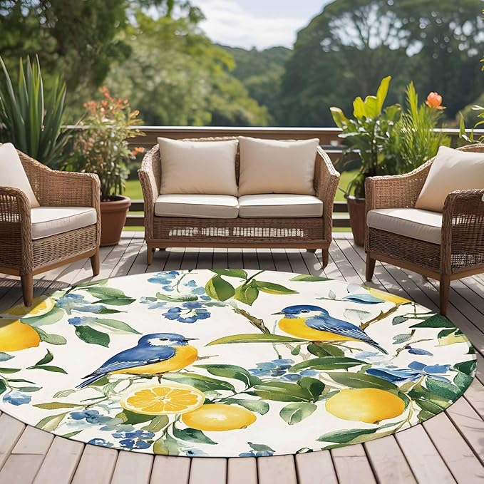 Washable Round Area Rug Pastoral Vintage Lemon Blue Bird Circle Rugs Floor Carpet for Living Room Bedroom, Retro Yellow Fruit Flowers Soft Non Slip Round Rug 5ft