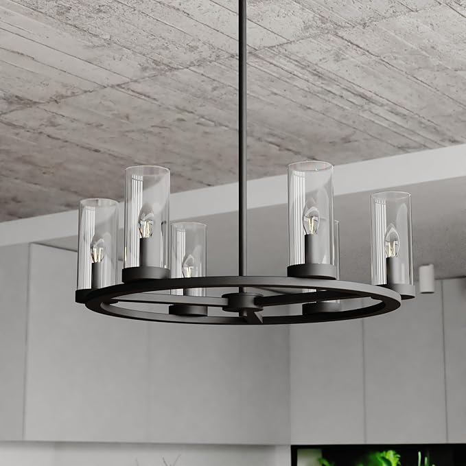 VAXCEL Grantley 6 Light Matte Black Wheel Chandelier Fixture Clear Glass Shade, LED Compatible, Damp Rated