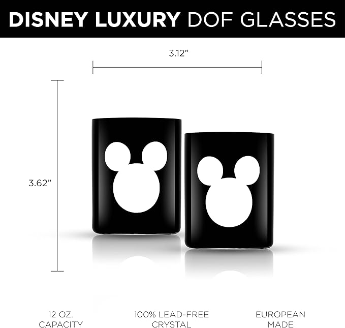 JoyJolt Disney Luxury Mickey Mouse Double Old Fashioned Whiskey Glasses. 2x European Crystal Bar Glasses. Premium Xmas Disney Stuff, Gifts and Cups. 12oz Black Drinking Glasses, Disney Tumbler
