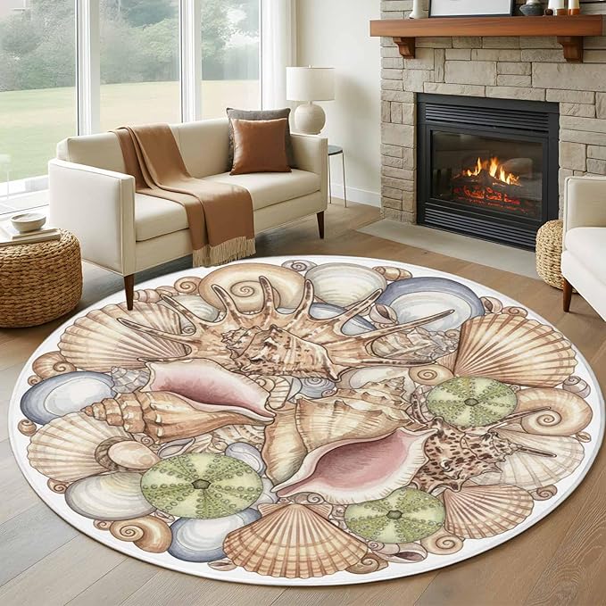 Washable Round Area Rug Coastal Colorful Shell Conch Circle Rugs Floor Carpet for Living Room Bedroom, Modern Abstract Art Soft Non Slip Round Rug 5ft
