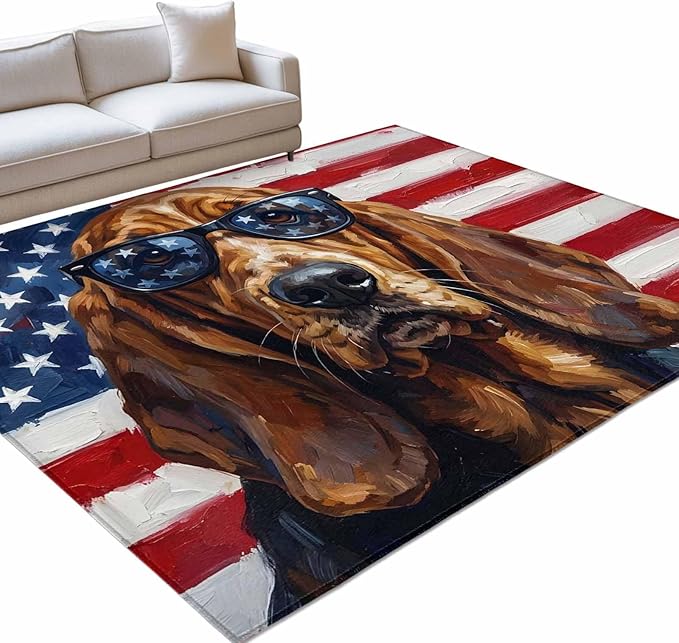 Area Rug 3x5ft, Independence Day USA Flag Washable Rugs for Living Room Bedroom, Basset Hound Patriotic Sunglasses Soft Non-Slip Area Rugs Rectangle Floor Carpet for Dining Room