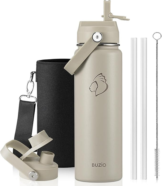 BUZIO 24 oz Water Bottle Insulated, Leakproof Stainless Steel Flask (Cold for 48 Hrs), Wide Mouth BPA-Free Metal Thermo Hydro Canteen with 2 Lids, Greige