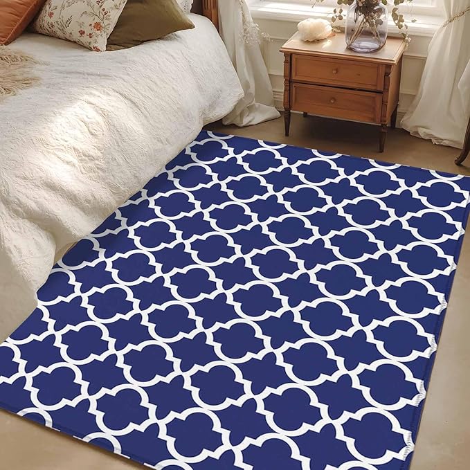 Area Rug 3x5ft, Navy Blue Moroccan Plaid Washable Rugs for Living Room Bedroom, White Line Buffalo Lattice Soft Non-Slip Area Rugs Rectangle Floor Carpet for Dining Room