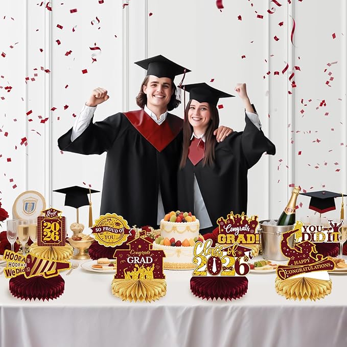 2026 Graduation Party Decorations - 8 Pcs Maroon Gold Class of 2026 Graduation Party Table Decor Honeycomb Centerpieces for Tables Congratulate for 2026 Congrats Grad Party Supplies