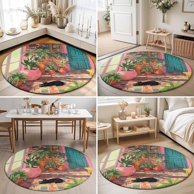 Washable Round Area Rug Sleeping Cat Pink Sunlit Room Circle Rugs Floor Carpet for Living Room Bedroom, Potted Plants Soft Non Slip Round Rug 5ft