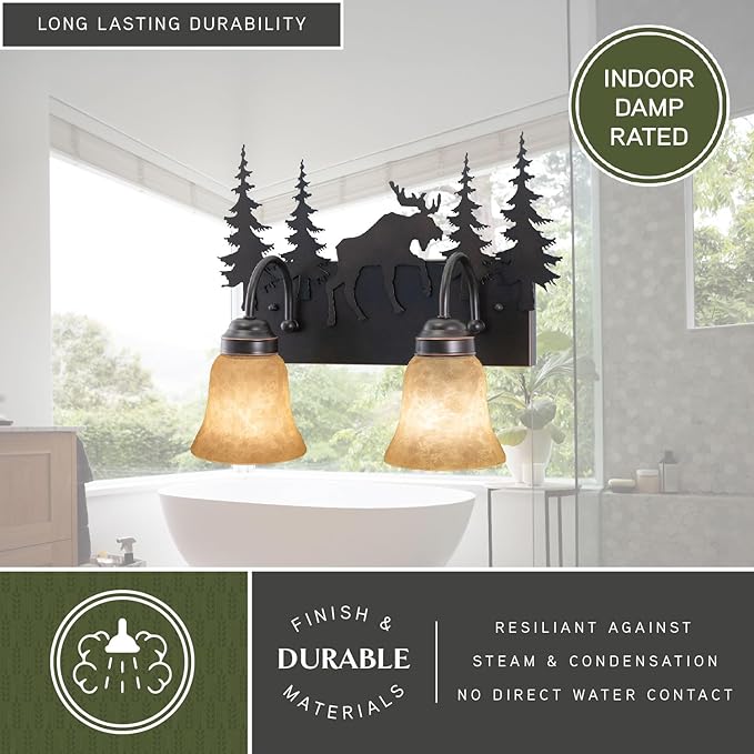 VAXCEL Yellowstone 2-Light 16.75 inch Wide Burnished Bronze Rustic Cabin Bathroom Vanity Lighting Fixture, Amber Flake Glass Shade, Moose, Trees, Dimmable LED Compatible Over the Mirror Wall Mounted