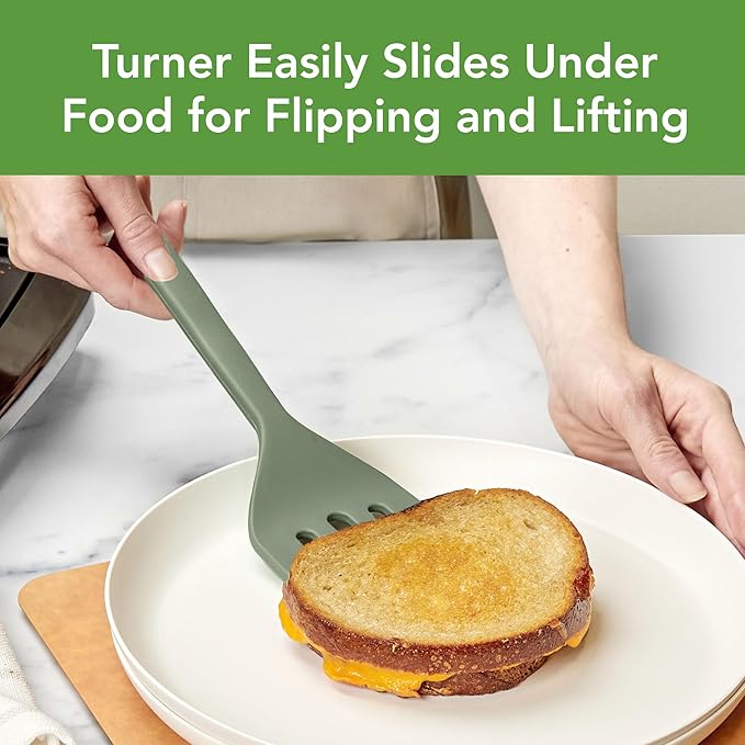 Tovolo Elements Silicone Spatula Turner Set Kitchen Utensils Heat Resistant 600F Easy Clean Dishwasher Safe Nonstick Spatula Turner Bundle Cookware for Cooking Baking Mixing Tools, Thyme Green