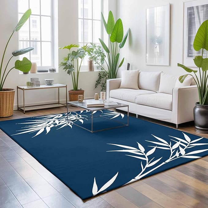 Area Rug 4x6ft, Country Leaf on Dark Blue Washable Rugs for Living Room Bedroom, Botanical Silhouette Minimalist Style Soft Non-Slip Area Rugs Rectangle Floor Carpet for Dining Room