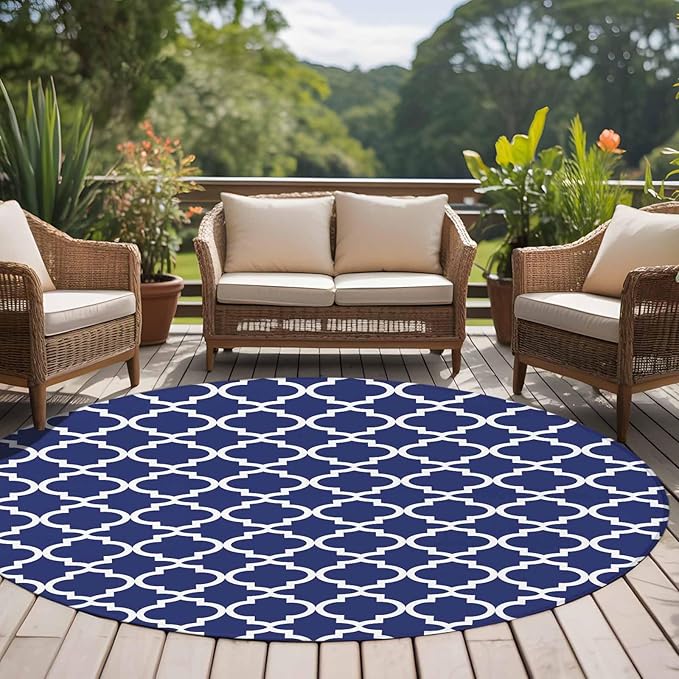 Washable Round Area Rug Navy Blue Moroccan Plaid Circle Rugs Floor Carpet for Living Room Bedroom, White Line Buffalo Lattice Soft Non Slip Round Rug 5ft
