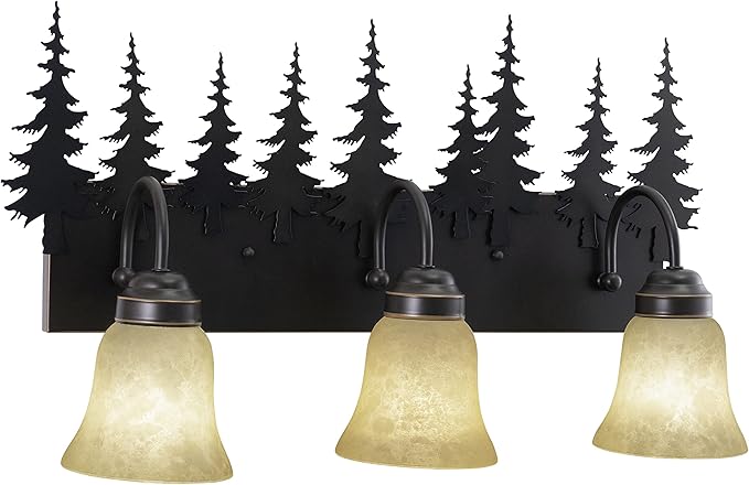 VAXCEL Yosemite 3-Light 24.75 inch Wide Burnished Bronze Rustic Cabin Bathroom Vanity Lighting Fixture, Amber Flake Glass Shade, Tree Motif, Dimmable, LED Compatible, Over the Mirror Wall Mounted