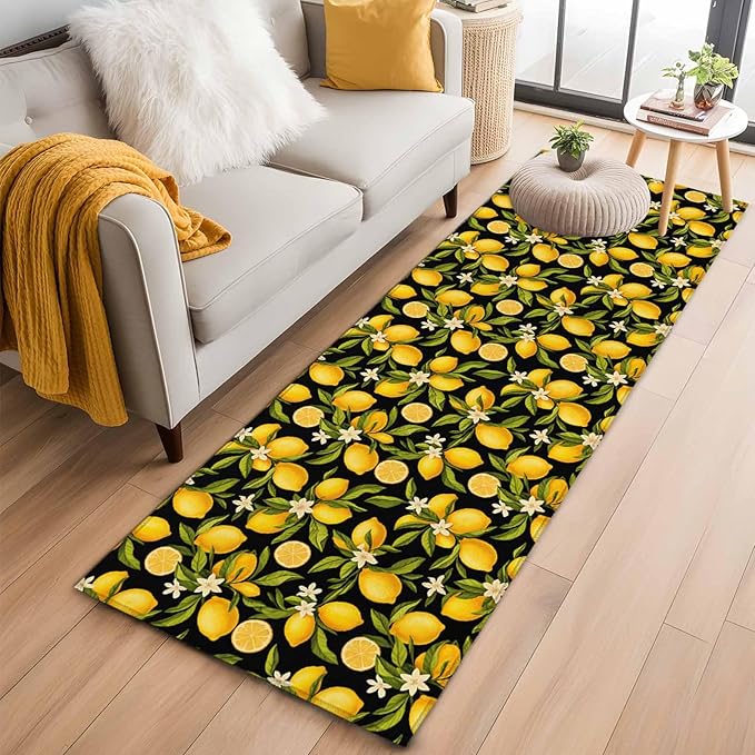 Runner Rug for Bedroom Hallway, Summer Lemon Flower Kitchen Runner Rugs Area Rug 2x6ft, Plant on Black Washable Soft Floor Carpet for Entryway Stair