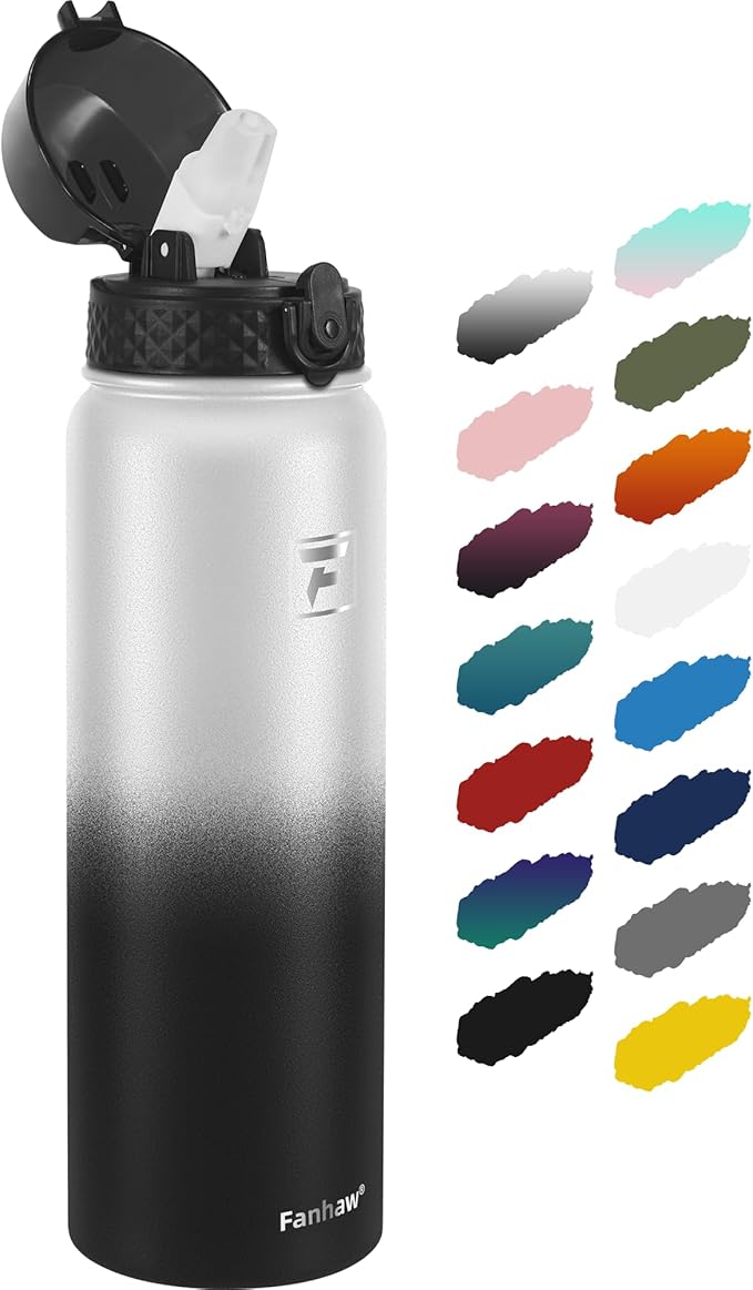 Fanhaw 32 oz Insulated Stainless Steel Water Bottle with Straw Lid, Leakproof Sports Bottle for Men, Women & Teens (White Black)