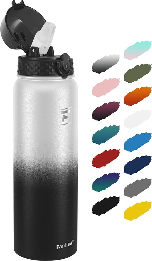 Fanhaw 32 oz Insulated Stainless Steel Water Bottle with Straw Lid, Leakproof Sports Bottle for Men, Women & Teens (White Black)