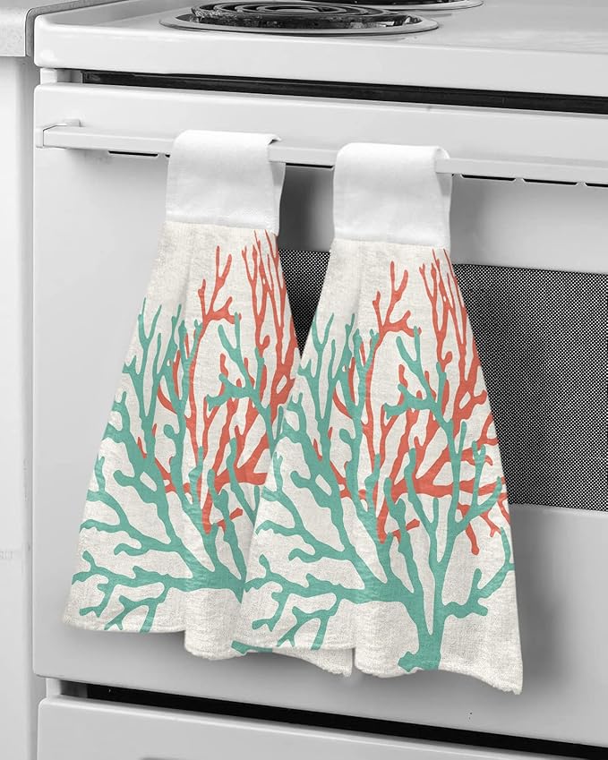 Alandar Home Kitchen Tie Towel Set of 2, Ocean Teal Orange Coral on Linen Absorbent Soft Hand Towels for Bathroom Hanging Towels, Nautical Abstract Marine Life Fast Drying Cleaning Cloth with Loop