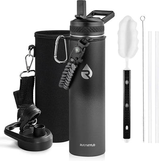 RAYMYLO Insulated Water Bottle 24oz, Triple Wall Vacuum Stainless Steel (Cold for 24Hrs, Hot for 12Hrs), Leak Proof & Non-BPA, 24oz Hydro Water Flask with Paracord Handle & Straw Spout Lids