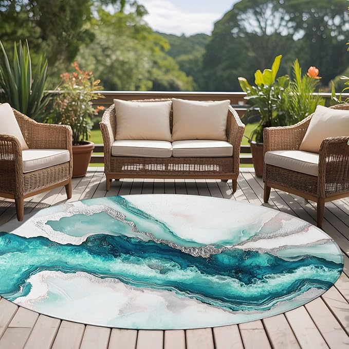 Washable Round Area Rug Abstract Blue Marble Texture Circle Rugs Floor Carpet for Living Room Bedroom, Modern Luxury Pattern Soft Non Slip Round Rug 5ft