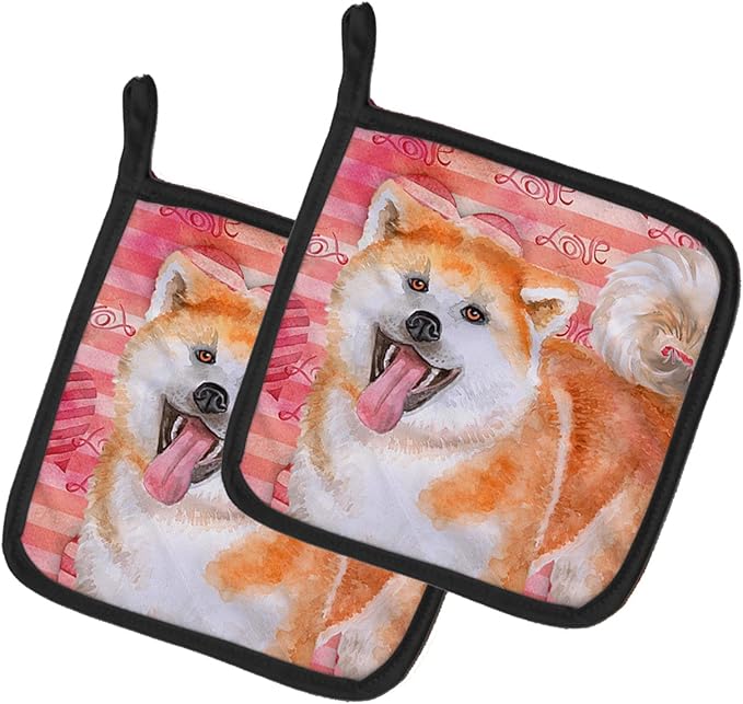 Caroline's Treasures BB9790PTHD Akita Love Pair of Pot Holders, Red Kitchen Heat Resistant Pot Holders Sets Oven Hot Pads for Cooking Baking BBQ, 7 1/2 x 7 1/2