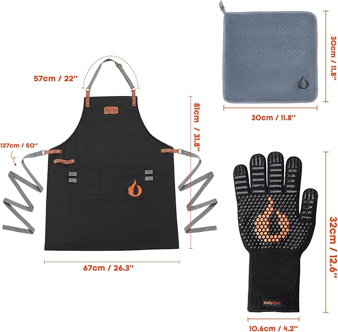 onlyfire Cooking Chef Apron with Pockets, 1472°F Heat Resistant Grill Gloves and Cleaning Cloth for Cooking, Grilling, Barbecue, Smoker, Baking, Frying, Kitchen Tools BBQ Accessories