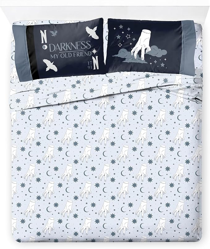 Jay Franco Sheet Set with Fitted, Flat Sheets & Pillow Cover - Ultra-Soft Bedding with Pillowcase for Room Decor, Blue - Wednesday, 4 Piece King