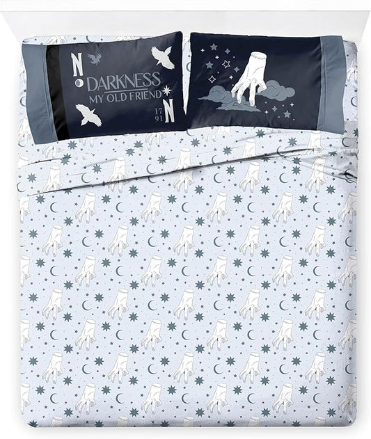 Jay Franco Sheet Set with Fitted, Flat Sheets & Pillow Cover - Ultra-Soft Bedding with Pillowcase for Room Decor, Blue - Wednesday, 4 Piece King